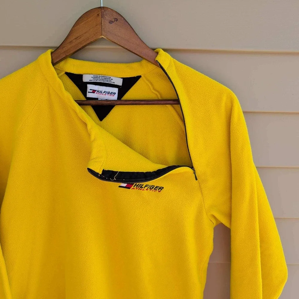 Tommy Hilfiger Athletics Fleece Pullover Mens L Yellow Asymmetrical Zip 90s